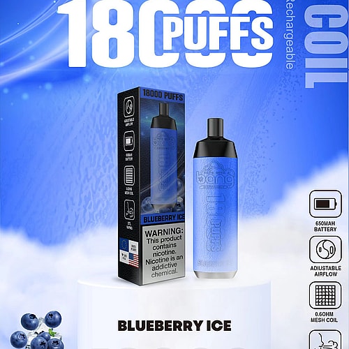 Dispositivo de vapeo azul con la marca "Bang Disposable", etiquetado "Blueberry Ice", con 18.000 bocanadas, resistencia de malla, flujo de aire ajustable y una batería de 650 mAh.