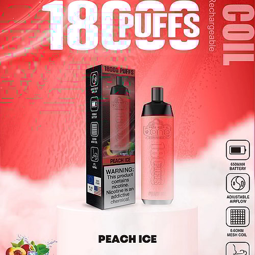 Anuncio de un vaporizador desechable Bang con sabor a "Peach Ice" con 18 000 caladas, batería de 650 mAh, flujo de aire ajustable y resistencia de malla de 0,6 ohmios. El producto contiene nicotina y advierte sobre su naturaleza adictiva.