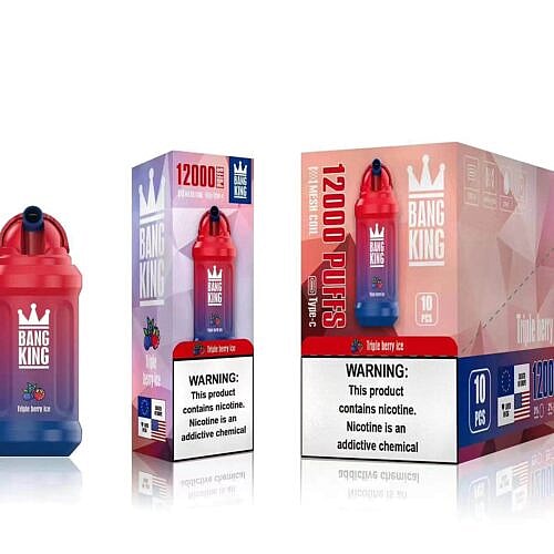 Bang King Vape-Gerät im Geschmack „Triple Berry Ice“, mit 12.000 Zügen, Mesh-Coil und Typ-C-Ladefunktion, abgebildet in der Verpackung.