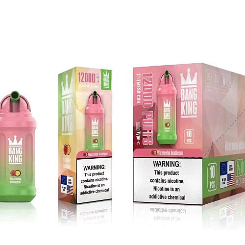 Bang King Watermelon Bubblegum Vape-Gerät und Verpackung mit 12.000 Zügen, Typ-C-Aufladung und einem Warnhinweis, dass Nikotin eine süchtig machende Chemikalie ist.