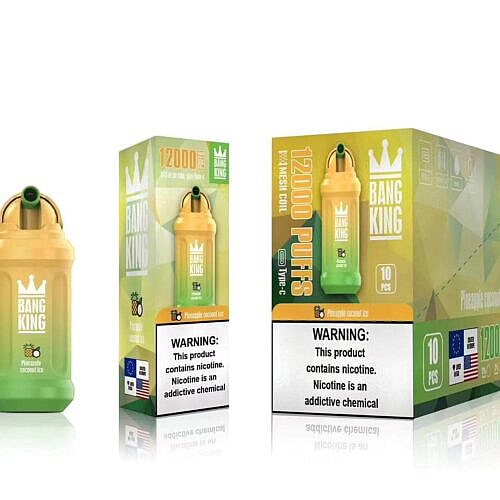 Bang King Einweg-Vape-Gerät und Verpackung mit Ananas-Kokos-Eis-Geschmack und einem Warnhinweis, dass das Produkt Nikotin enthält. Das Gerät verspricht 12.000 Züge und verwendet ein Typ-C-Ladegerät.