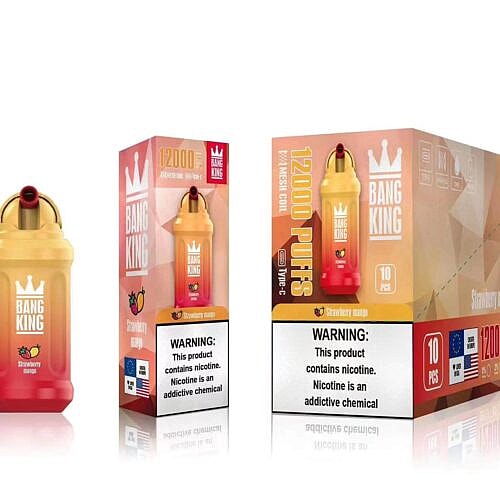 Einweg-Vape-Gerät von Bang King mit Erdbeer-Mango-Geschmack, für 12.000 Züge, mit Farbverlauf in Gold und Rot, zusammen mit der Verpackung und einer Schachtel mit 10 Stück, mit einem Warnhinweis zu Nikotin.