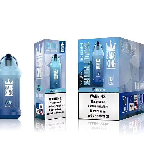 Bang King Blue Razz Ice Vape mit 12.000 Zügen, Mesh-Coil und Typ-C-Ladefunktion, abgebildet mit Verpackung mit Nikotinwarnung.