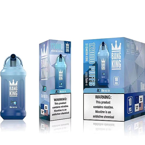 Svapo Bang King Blue Razz Ice con 12.000 boccate, bobina a rete e ricarica Type-C, mostrato con la confezione che riporta l'avvertenza sulla nicotina.