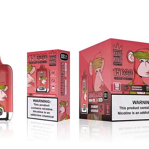 Ein rotes Vape-Gerät mit einem Cartoon-Affen-Logo und der Aufschrift „Bang King“, das 15.000 Züge ermöglicht, einen intelligenten Bildschirm hat und 8% Nikotin enthält. Auf der Verpackung sind ähnliche Angaben und eine Nikotinwarnung zu sehen.