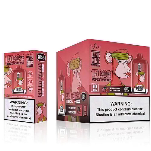 Un dispositivo de vapeo rojo con el logotipo de un mono de dibujos animados, etiquetado como "Bang King", con 15.000 bocanadas, pantalla inteligente y nicotina 8%, junto con su empaque que muestra detalles similares y una advertencia sobre la nicotina.