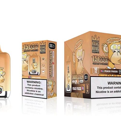 Ein Einweg-Vape-Gerät samt Verpackung der Marke „Bang King“. Es zeigt einen Comic-Affen mit Krone und wirbt für 15.000 Züge und den Geschmack „Peach Freeze“. Ein Warnhinweis weist darauf hin, dass das Produkt Nikotin enthält.