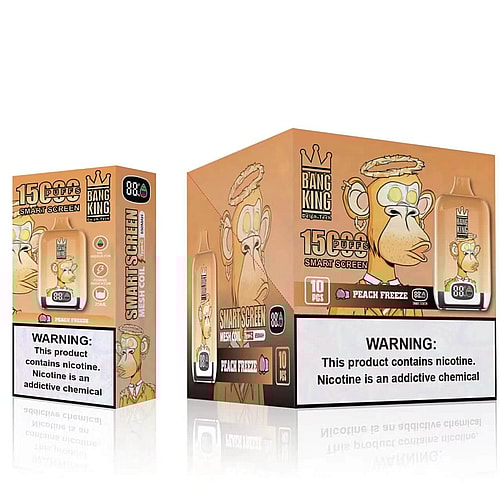Dispositivo de vapeo desechable y empaque que presenta la marca "Bang King", que muestra un simio de dibujos animados con una corona, con publicidad de 15.000 bocanadas y el sabor "Peach Freeze". Una etiqueta de advertencia indica que el producto contiene nicotina.