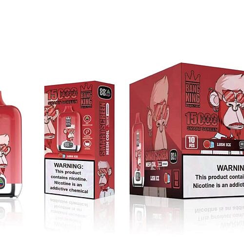Die Verpackung des roten Bang King-Vape-Geräts zeigt einen Comic-Affen mit Sonnenbrille, die Aufschrift „15.000 Züge“ und den Geschmack „Lush Ice“ sowie eine Warnung vor Nikotinsucht.