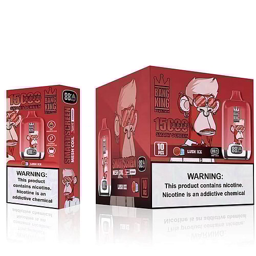 Empaque del dispositivo de vapeo Red Bang King que presenta un simio de dibujos animados con gafas de sol, una etiqueta que dice "15,000 bocanadas" y sabor "Lush Ice", con una advertencia sobre la adicción a la nicotina.