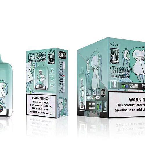 Bang King Vape-Gerät und Verpackung mit einem Cartoon-Gorilla mit einer Krone, der mit „15.000 Zügen“, dem Geschmack „Saurer Apfel Blaubeere“ und einer Nikotinwarnung beschriftet ist.