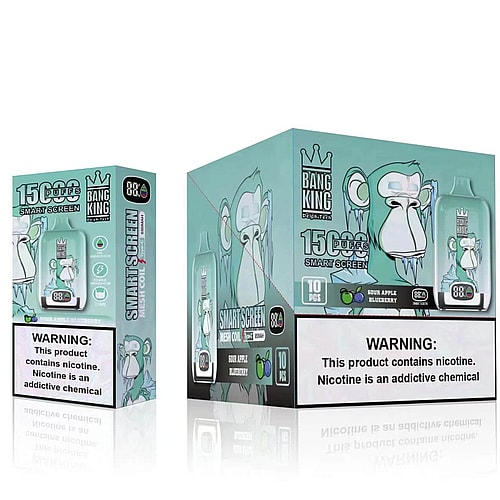 Dispositivo de vapeo Bang King y empaque que presenta un gorila de dibujos animados con una corona, etiquetado con "15,000 bocanadas", sabor "Manzana agria y arándano" y advertencia de nicotina.