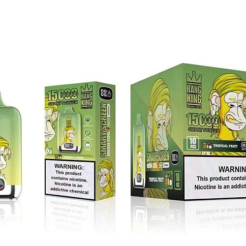 Ein grün-gelbes Vape-Gerät mit einem digitalen Display, auf dem „88“ und die Grafik eines Affen mit einer Krone angezeigt werden, neben der Verpackung mit der Aufschrift „Bang King“ und „15.000 Züge“.