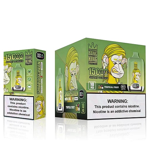 Un dispositivo de vapeo verde y amarillo con una pantalla digital que muestra "88" y un gráfico de un mono con una corona, junto a un empaque que dice "Bang King" y "15,000 bocanadas".