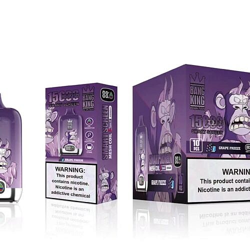 Lilafarbenes Einweg-Vape-Gerät und Verpackung mit einem Zeichentrickaffen, der Aufschrift „Bang King“ und dem Geschmack „Grape Freeze“, das 15.000 Züge und eine Nikotinstärke von 88% bietet.