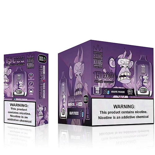 Dispositivo de vapeo desechable de color morado y empaque que presenta un simio de dibujos animados con la etiqueta "Bang King" y el sabor "Grape Freeze", que ofrece 15.000 bocanadas y una concentración de nicotina de 88%.