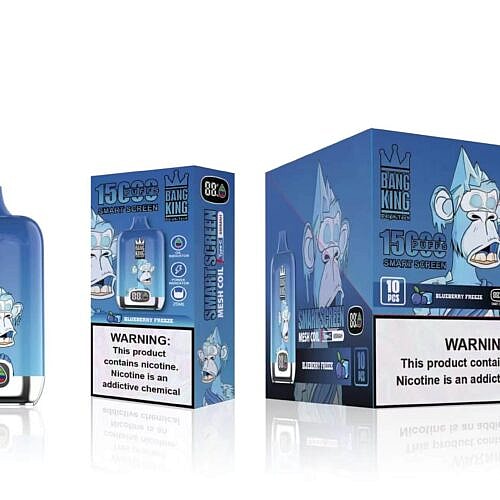 Blue Bang King Vape-Gerät mit 15.000 Zügen, einer Cartoon-Affengrafik auf der Verpackung, der Geschmacksbezeichnung „Blueberry Freeze“ und einer deutlichen Nikotinwarnung.