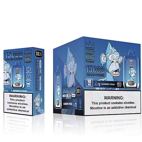 Dispositivo de vapeo Blue Bang King con 15.000 bocanadas, con un gráfico de un simio de dibujos animados en el empaque, etiquetado con sabor "Blueberry Freeze" y una destacada advertencia sobre nicotina.