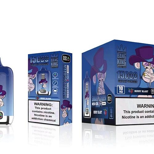 Ein blaues Vape-Gerät mit der Aufschrift „Bang King“ und einem Comic-Affen mit einem lila Hut, neben der Verpackung mit den Aufschriften „15.000 Züge“, „Smart Screen“ und einer Nikotinwarnung.