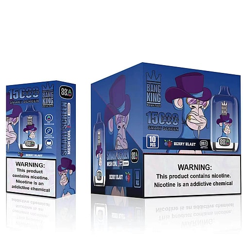 Un dispositivo de vapeo azul etiquetado como "Bang King" con un mono de dibujos animados que usa un sombrero morado, junto con un empaque que muestra "15.000 bocanadas", "pantalla inteligente" y una advertencia sobre la nicotina.