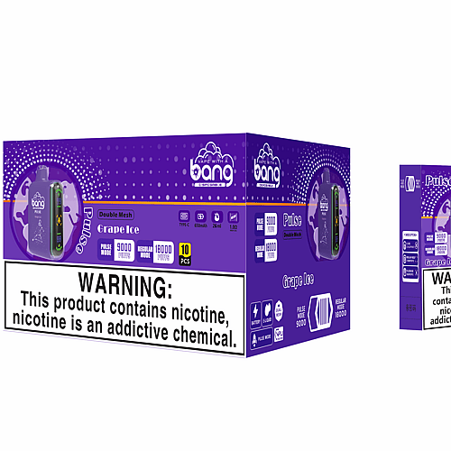 Caja y producto para vapear Bang Pulse Grape Ice con diseño morado con advertencia de nicotina, opciones de 9000 y 18000 bocanadas, bobina de doble malla, capacidad de 26 ml de e-líquido y batería de 650 mAh.