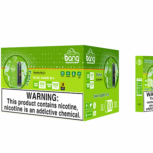 Empaque de vaporizador Bang Pulse Sour Apple Ice con imágenes del producto, etiqueta de advertencia que dice "Este producto contiene nicotina, la nicotina es una sustancia química adictiva" y especificaciones del producto que incluyen modos de 9000 y 18000 bocanadas.