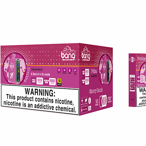 Embalaje para vaporizador desechable Bang PULSE en sabor Cherry Bomb, que presenta un diseño rosa con una etiqueta de advertencia que dice: "Este producto contiene nicotina, la nicotina es una sustancia química adictiva".