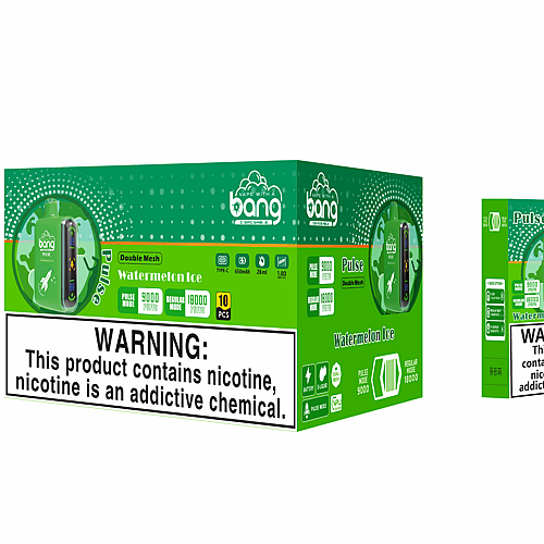 Empaque de vape desechable Bang Pulse Watermelon Ice con una caja verde y un dispositivo de vapeo, con opciones de "9000 bocanadas" y "18000 bocanadas", y una etiqueta de advertencia que indica la presencia de nicotina, una sustancia química adictiva.