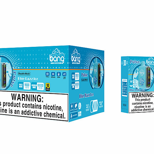Embalaje del vaporizador desechable Bang Pulse Blue Razz Ice con una etiqueta de advertencia que dice "Este producto contiene nicotina, la nicotina es una sustancia química adictiva". El embalaje muestra características como batería de 650 mAh, capacidad de 26 ml, 9000 caladas en modo pulso y 18000 caladas en modo normal.
