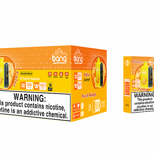 Embalaje para vaporizador desechable Bang Pulse en sabor a mango y melocotón, con etiquetas de advertencia sobre la adicción a la nicotina y detalles del producto que incluyen batería de 650 mAh, capacidad de 26 ml y dos modos: modo de pulso de 9000 bocanadas y modo regular de 18000 bocanadas.