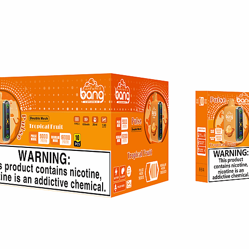 Embalaje de vaporizador de nicotina con sabor a frutas tropicales "Bang Pulse" con etiqueta de advertencia que dice "Este producto contiene nicotina, la nicotina es una sustancia química adictiva".