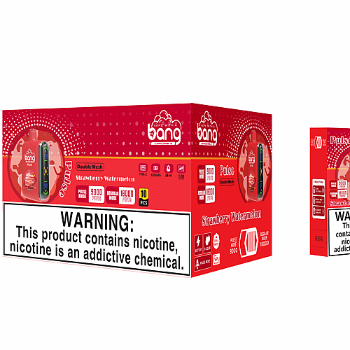 Embalaje del vaporizador desechable "Bang Pulse" con sabor a fresa y sandía, que muestra detalles del producto como modos de 9000 y 18000 bocanadas, batería de 650 mAh y capacidad de 26 ml de e-líquido, junto con una advertencia de adicción a la nicotina.