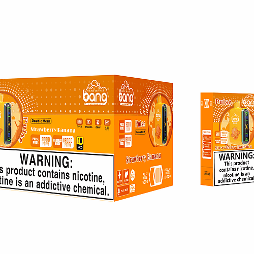 Empaque de Bang Vape con sabor a fresa y plátano con una etiqueta de advertencia que dice "Este producto contiene nicotina, la nicotina es una sustancia química adictiva". El empaque muestra 9000 bocanadas en modo pulso y 18000 bocanadas en modo normal, con características como doble malla y una batería de 650 mAh.