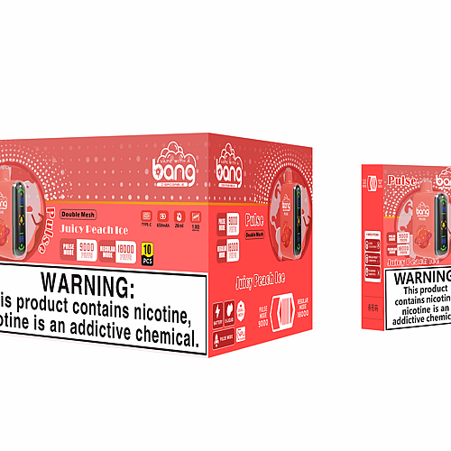 Empaque del producto Bang vape con sabor "Juicy Peach Ice", 9000 bocanadas en modo pulso y 18000 bocanadas en modo regular con advertencia de nicotina.