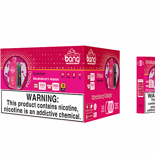 Embalaje del vaporizador desechable Bang Pulse Double Mesh en sabor a fresa y mango, que muestra el dispositivo y los detalles del producto, incluida la advertencia de nicotina, los modos de bocanada (9000 en modo pulso, 18000 en modo regular) y la capacidad (26 ml, 650 mAh).
