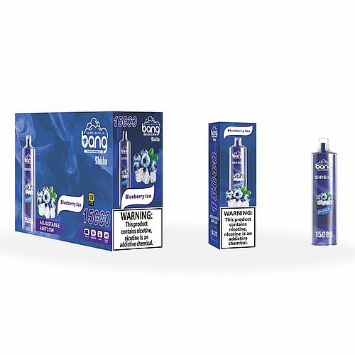 Bang Shisha disposable vape in Blueberry Ice flavor, with packaging showing 15,000 puffs and nicotine addiction warnings.