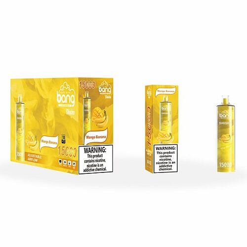 Gelbe Verpackung und Einweg-Vape-Pen mit der Aufschrift „Bang Shisha Mango Banana“ und einem Warntext, dass Nikotin eine süchtig machende Chemikalie ist.