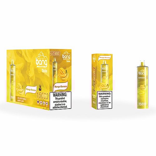 Yellow packaging and disposable vape pen labeled "Bang Shisha Mango Banana" with warning text about nicotine being an addictive chemical.