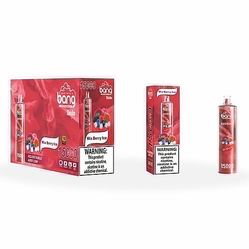 Bang Shisha disposable vape packaging featuring Mix Berry Ice flavor, with a red background, berry images, and nicotine warning label.