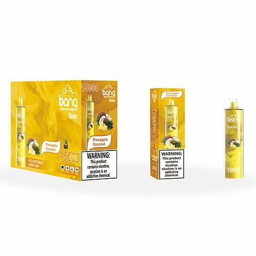 Die Einwegverpackung für E-Zigaretten von Bang Shisha Pineapple Coconut zeigt eine gelbe Schachtel, eine Produktanzeige und Warnhinweise zum Nikotingehalt.