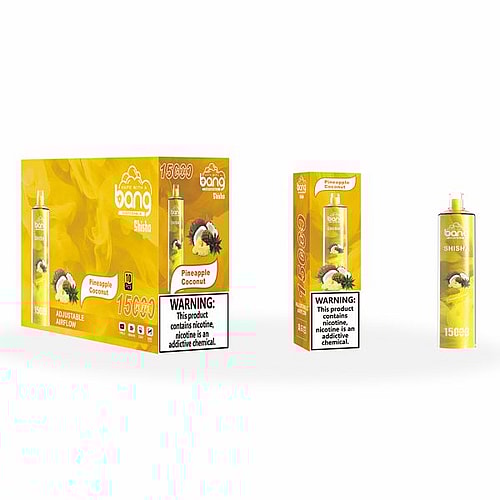 Bang Shisha Pineapple Coconut disposable vape packaging showing a yellow box, product display, and warning labels about nicotine content.