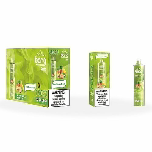 Bang Shisha Red Berry Slush disposable vape with adjustable airflow, showing a box, individual packaging, and the device.