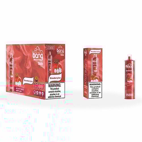 Bang Shisha 15000 Puff Einweg-Vape mit Erdbeereisgeschmack, mit Verpackung mit Erdbeeren und Eiswürfeln und einem Nikotin-Warnhinweis.