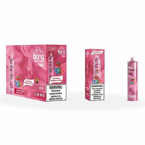 Bang Einweg-Vape-Verpackung mit dem Geschmack Erdbeer-Himbeer-Bonbon. Die Schachtel und der Vape-Pen weisen auf eine Nikotinsucht-Warnung hin. Die Verpackung zeigt farbenfrohe Fruchtmotive und einen Text, der auf 15.000 Züge mit einstellbarer Luftzufuhr hinweist.
