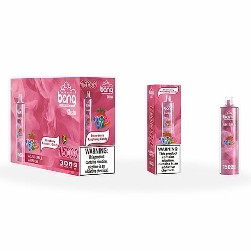 Bang disposable vape packaging featuring the Strawberry Raspberry Candy flavor. The box and vape pen display a warning about nicotine addiction. The packaging includes vibrant fruit imagery and text indicating 15,000 puffs with adjustable airflow.