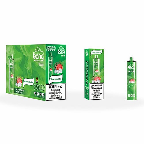 Bang disposable vape packaging and product in Watermelon Ice flavor, featuring green background with images of watermelon and ice cubes, along with nicotine warning labels.