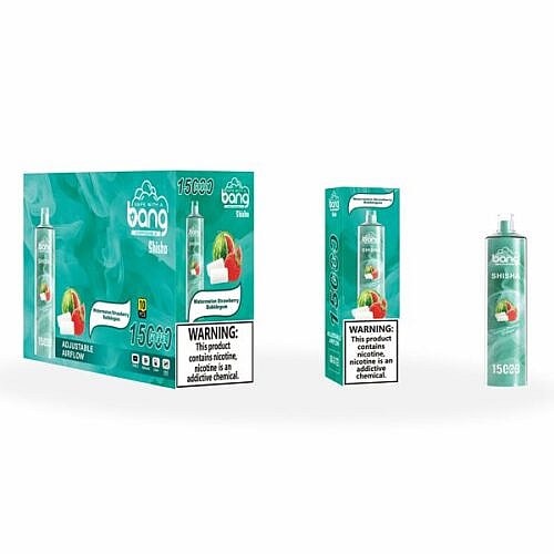 Einweg-Vape-Verpackung von Bang Shisha mit der Geschmacksrichtung „Wassermelone-Erdbeer-Kaugummi“ und einem Warnhinweis zu Nikotin.