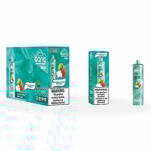 Bang Shisha disposable vape packaging displaying the "Watermelon Strawberry Bubblegum" flavor with a nicotine warning label.