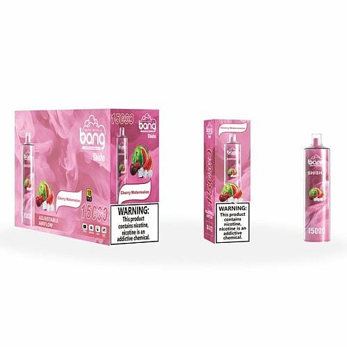 Einweg-Vape-Box, Verpackung und Gerät von Bang Shisha mit Kirsch-Wassermelonen-Geschmack und einem Nikotin-Warnhinweis mit der Aufschrift „Dieses Produkt enthält Nikotin. Nikotin ist eine süchtig machende Chemikalie.“