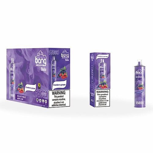 Eine Bang Shisha Cranberry Grape Vape-Box, Einzelverpackung und Vape-Gerät mit violettem Design, Fruchtbild und Nikotin-Warnhinweis.